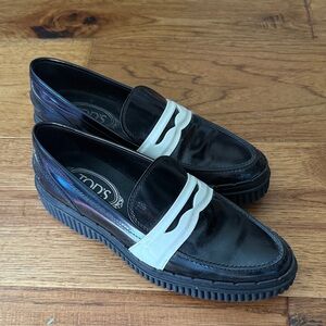 TODS Spazzolato Leather Black Platform White Penny Strap Loafer Italy EU 37.5